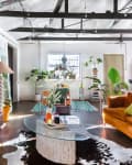 Bright living room with orange sofa, colorful pillows, glass coffee table, plants, and exposed beams.