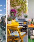 Four distinct balcony designs featuring colorful seating, plants, and decorative elements, each with unique styles and layouts.