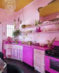 Pink kitchen with gold accents, flamingo decor, glass table, and open shelving with glassware.