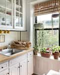 Cozy kitchen with a stainless steel sink, wooden countertop, hanging plants, and yellow mugs on display.
