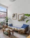 apartment living room with white walls, lots of light, wood frame brown sofa with blue and gray accents, lots of plants, frames over the sofa filled with dried flowers