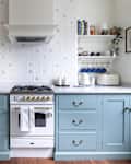 Blue cabinets in newly renovated kitchen with blue and white tiles on backsplash with small vintage inspired gas stove. Opened shelves on either side of exhaust.