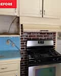 Peek into laundry room from kitchen with white refrigerator, cream colored cabinets and blue tile countertops before renovation