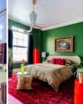 Diptych image where the left image is a modern living room with a neon palm tree light and the right is a bedroom with green walls and leopard print bedding.