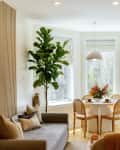 white living room with grey sofa and wood slat wall detail. Dining room visible behind