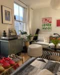 white living area of studio apartment with black and white striped rug and off white sofa