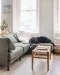 The living room area of a studio apartment with a green couch with a dog napping.