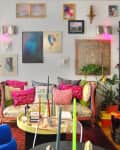 Art filled eclectic living room.