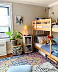 Cozy children's bedroom featuring a wooden bunk bed, colorful rug, bookshelves, and plants. Decor includes toys and artwork.