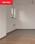 All white walls dining area and open kitchen in an empty apartment