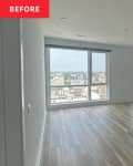 Gray wood floor and modern white island in bare room
