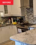 Kitchen with gray tile backsplash and gray countertops