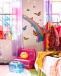 Colorful window film on window in colorful loft.
