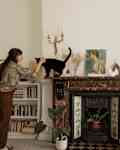 Dweller petting cat standing on fireplace mantel in art and book filled living room.