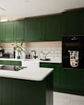 Green, beige, and white kitchen