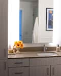 Bathroom with white cabinetry and back-lit mirror