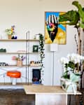 Living room with an orange sofa, open shelving displaying plants, books, and decor, and a colorful wall art piece.