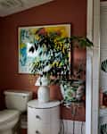Bathroom with terracotta walls, a potted plant, a white toilet, and a shower featuring hexagonal tiles and green shell designs.