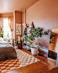 Plants and big windows in peach bedroom