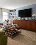 Natural rug in book filled living room.