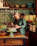 Dweller making food at a kitchen island in a green, vintage, maximalist kitchen