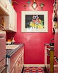 Narrow kitchen with pink walls, blue countertop, white cabinets, colorful rug, and butterfly artwork.