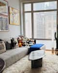 Cozy living room with a gray sofa, colorful cushions, a cactus, and two leopard statues beside a TV.