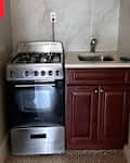 Compact kitchen area featuring a stainless steel gas stove, a small sink, and dark wood cabinetry.