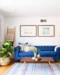 Blue tufted sofa with patterned pillows, wooden coffee table, hand-shaped chair, and potted plants in a bright living room.