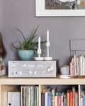 Bookshelf with books, a stereo, aloe plant, candles, and a record player, beneath a framed artwork on a gray wall.