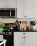 Modern kitchen with white cabinets, black countertop, stainless steel appliances, and potted plant near the sink.