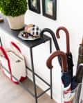 Entryway with a console table, potted plant, framed art, and umbrellas in a stand.