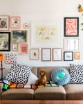 Living room with a brown sofa, colorful pillows, a small dog, and a gallery wall of framed art and plants.