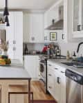 A kitchen filled with natural light, green plants, stainless steel appliances, and white cabinetry.