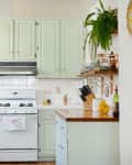 Mint green kitchen with white appliances, wooden countertops, potted plants, and open shelving with dishes and decor.