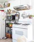 Kitchen with white fridge, gas stove, knife rack, and black shelving unit with microwave and potted plant.