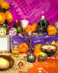 Day of the dead altar with sugar skulls