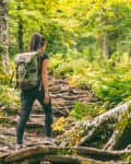 Woman hiking on a forest trail with a green backpack, surrounded by lush trees and roots.