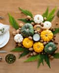 Thanksgiving tablescape set for two with mini pumpkins and plates