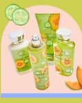 bath and body works cucumber melon collection on graphic colored background with cucumber and cantaloupe photo elements