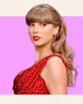 Taylor Swift in a red dress in 2025 on a colorful background