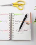 Open planner with days of the week, colorful markers, paper clips, scissors, pen, and a small plant.