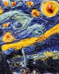 Starry Night recreated with colorful pasta, featuring swirling blue and yellow noodles and a ravioli moon.