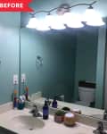 Bathroom with teal walls, large mirror, vanity with sink, soap dispenser, toothbrushes, and overhead lights.