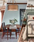 Living room with green armchair, dining room with wooden table, and bedroom with metal bed frame and red accent pillow.