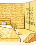 Cheese-themed bedroom with cheese-patterned bedding, cheese wallpaper, and a pillow saying "I'm so fondue you."