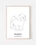Line art of a dog with text "Beatrice" below, framed in light wood.