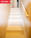 Narrow staircase with white steps and beige walls, leading to an open door, marked with a red "Before" banner.