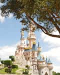 Fairytale castle with pink and blue turrets surrounded by trees and manicured shrubs under a clear sky.