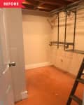 Empty closet with wooden floor, metal shelving, and a ladder.